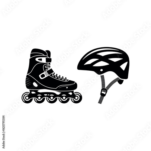 Black roller skate and helmet graphic on white background inline skate safety gear