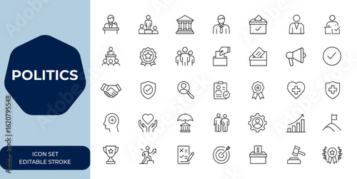 politics icons set. Editable stroke linear vector illustration. Career, leadership, business, support, compensation, insurance, recruitment, wellness, finance, award and more.