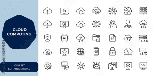 cloud computing Vector line icon set, cyber security, digital transformation, server, and cloud services. Editable stroke outline icons for technology and data protection and more.
