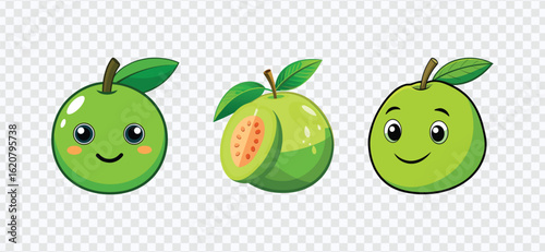 Cute Cartoon Guava Fruit Characters with Adorable Faces in Playful Style