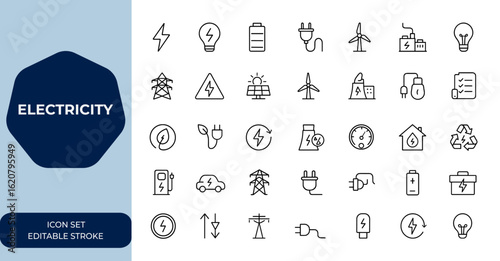 Electricity Icons set. Vector outline collection featuring editable electrical energy, and energy concepts. Perfect for design, power, technology, electric, renewable and more.