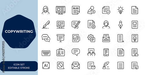 copywriting concepts Linear outline icon set. Editable stroke vector illustration collection. Includes author, blog, content, marketing, creativity, document, freelance, writing and more.
