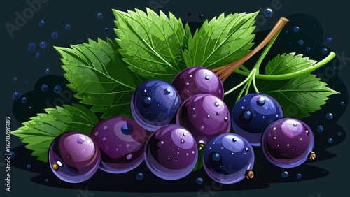 Fresh black currants with water droplets glisten softly atop a dark surface, their smooth skin reflecting subtle light, framed by crisp green leaves in a semi-realistic vector design.