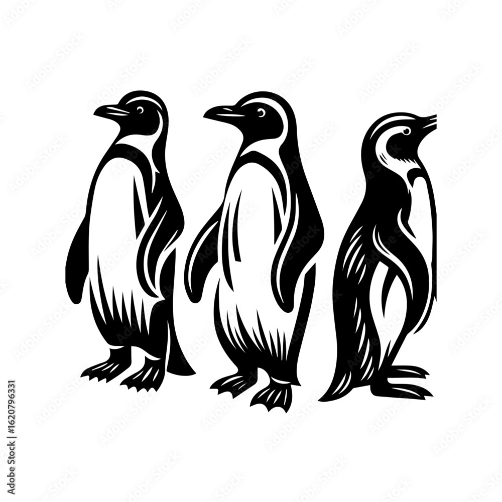 Naklejka premium Three penguins standing together isolated on white background, a symbol of unity