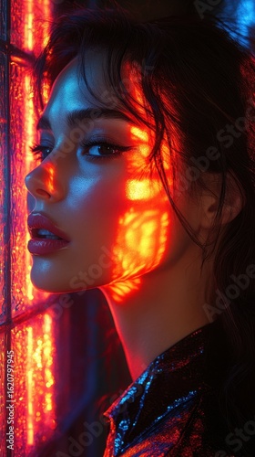 Woman with a bright light on her face portrait