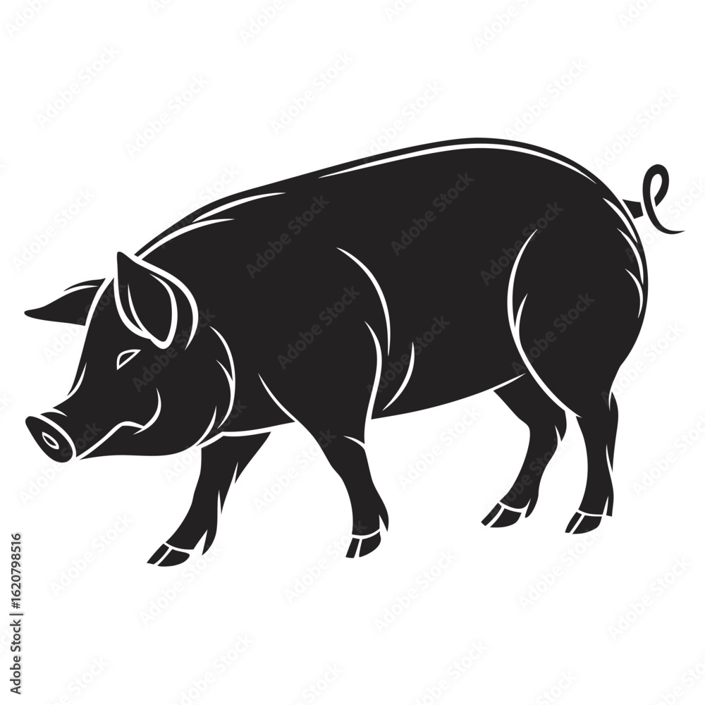Fototapeta premium Isolated Black Silhouette of Pig on White Background