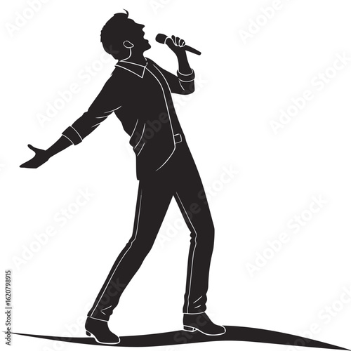 Isolated Black Silhouette of Male Singer on White Background