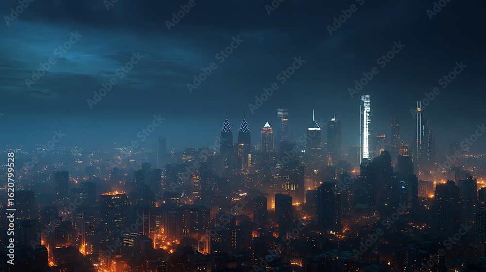 Fototapeta premium Cityscape at Night with Glowing Skyscrapers Under Dark Blue Sky