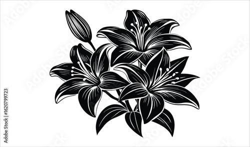 Black and white illustration of a cluster of blooming lilies with a bud