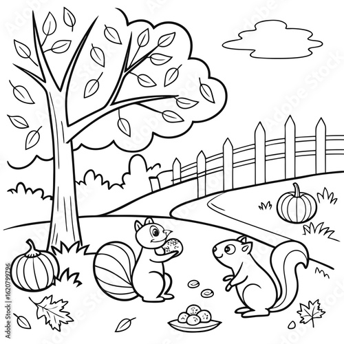 Cute squirrel eating acorns seeds flowers leaves Autumn Fall season coloring illustration pages