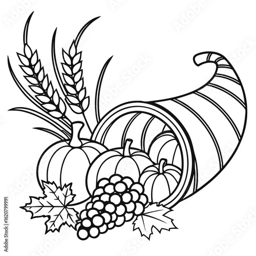 Outline Cornucopia or Horn of plenty full of pumpkin, grape, wheat and maple leaf in black isolated on white background.