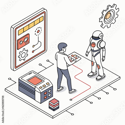 Man controls robot with tablet in futuristic laboratory with technology interface and equipment