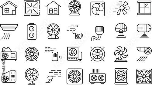 Electric fan line icons set, vector illustration 