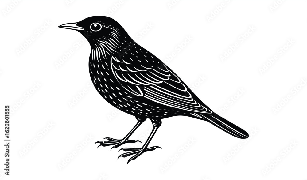 Obraz premium Detailed black and white illustration of a perched blackbird