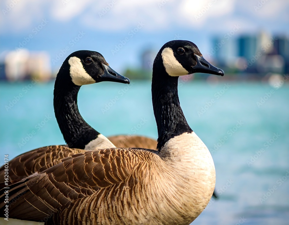 Obraz premium Two Canada geese side-by-side by water
