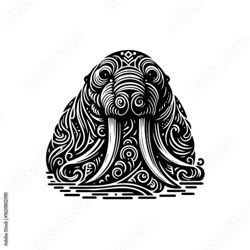Detailed walrus portrait isolated on white background, showcasing its tusks