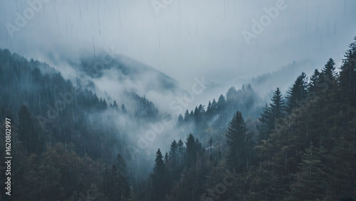 Fototapeta Naklejka Na Ścianę i Meble -  Light rain in mountain forest with mist rolling through tree layers, soft blue-grey color grade