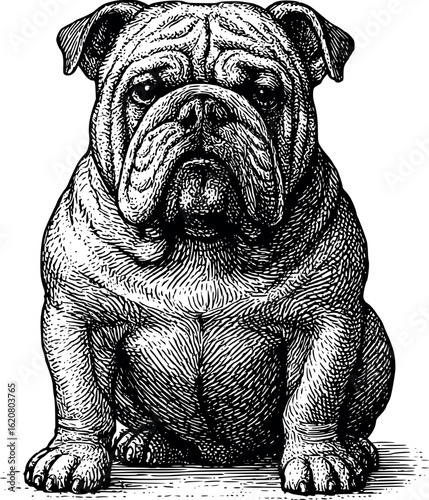 Classic engraving of a bulldog sitting squarely, wrinkles and jowls rendered with heavy crosshatching, vector-friendly, isolated on white