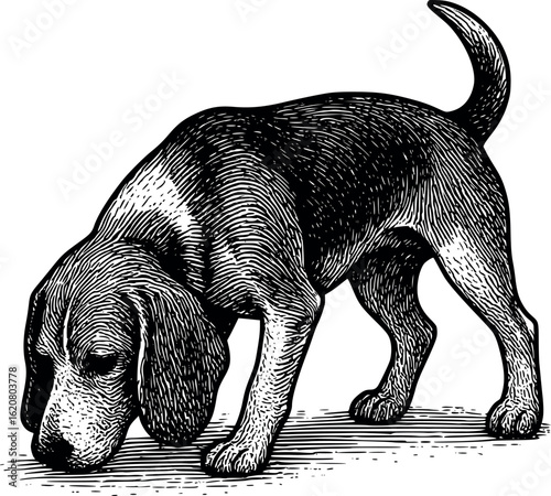 Engraved beagle sniffing ground with long ears hanging and curved back, line-dense shading, vector-friendly, isolated on white