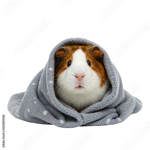 Guinea pig wrapped in gray blanket with surprised expression  