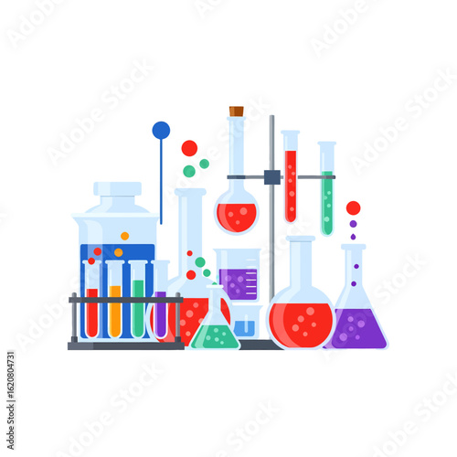 This illustration depicts an array of colorful science equipment filled with different liquids, suitable for educational or scientific visuals.