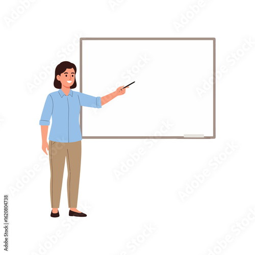 A woman is presenting to a white board with a pointer, which can be used to illustrate different topics.