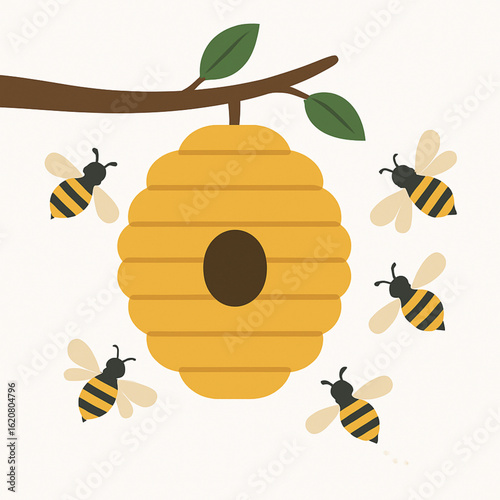Beehive with bees on a tree branch.