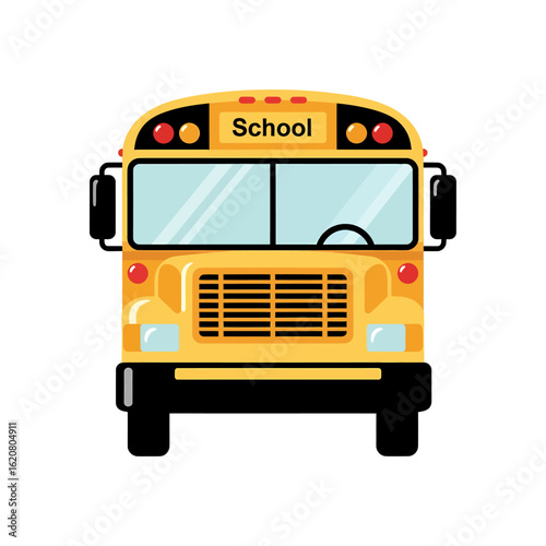 Illustration of a yellow school bus with black tires and clear windshield against a white background, typically used for transporting students.