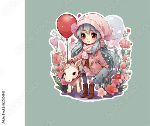 Cute chibi girl with pastel flowers, hearts and pony – Valentine's day style illustration