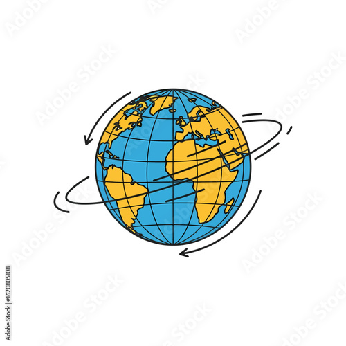 Globe with arrows rotating around it shows the world in motion, making it suitable for illustrations or informative materials about the Earth and travel.