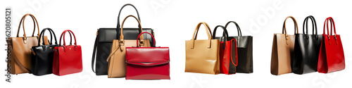 Collection of stylish leather handbags isolated on transparent background.