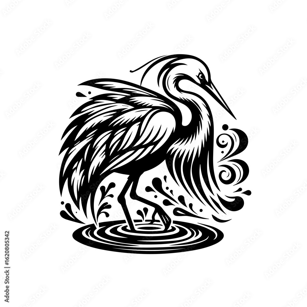 Obraz premium Detailed black and white drawing of a heron isolated on white background