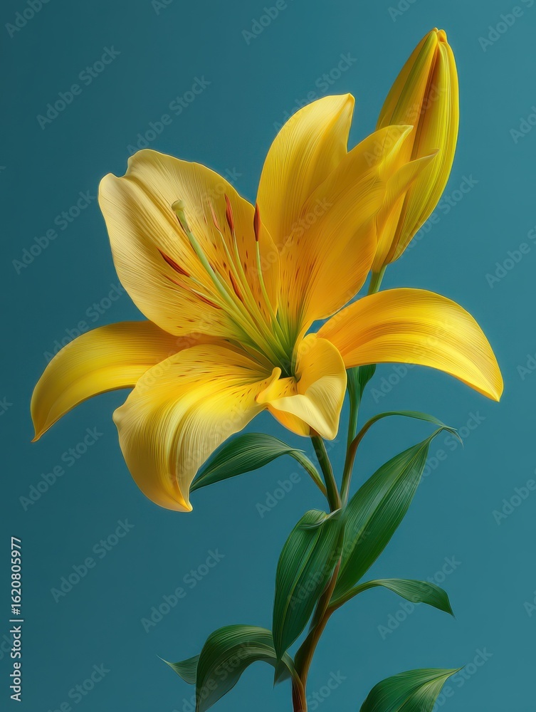 Obraz premium A single yellow lily flower with green leaf.
