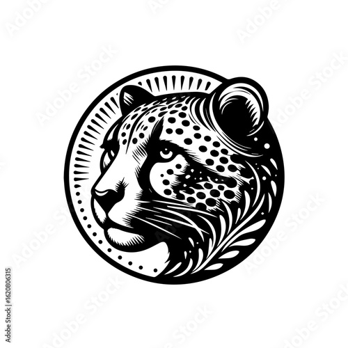 Majestic cheetah head illustration isolated on white background in circle design