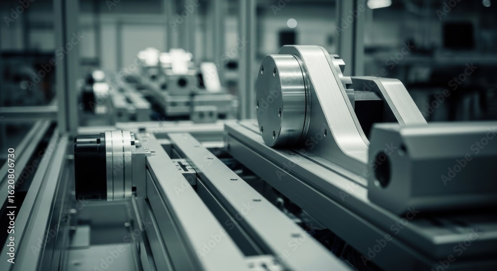 Fototapeta premium Close-up of automated manufacturing equipment. Metal components, conveyors, and gears. Industrial machinery in a clean room