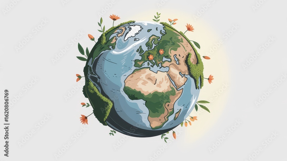 Naklejka premium Illustrated Earth Globe with Blooming Flowers, Eco-Friendly Design