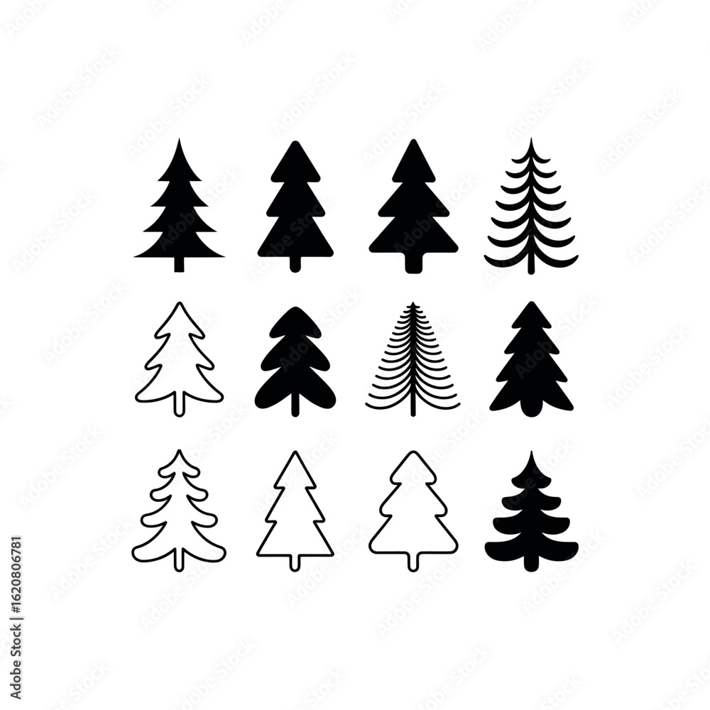 Obraz premium Twelve stylized evergreen tree icons in black and white line art and solid silhouettes pine spruce