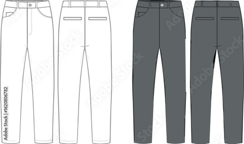 CAD Drawing Flat Vector Illustration of a Pair of Men's Trousers in Two Colorways, Front and Back Views, for Fashion Design and E-commerce Product Mockups, with Pockets and Belt Loops, Professional.