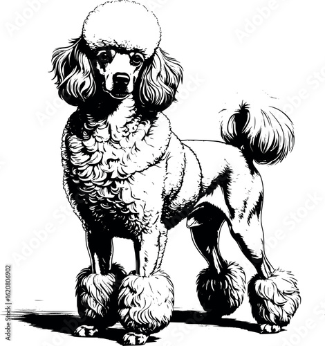 Engraving of poodle standing proudly in show cut, detailed curls with dense cross-hatching, vector-friendly, isolated on white
