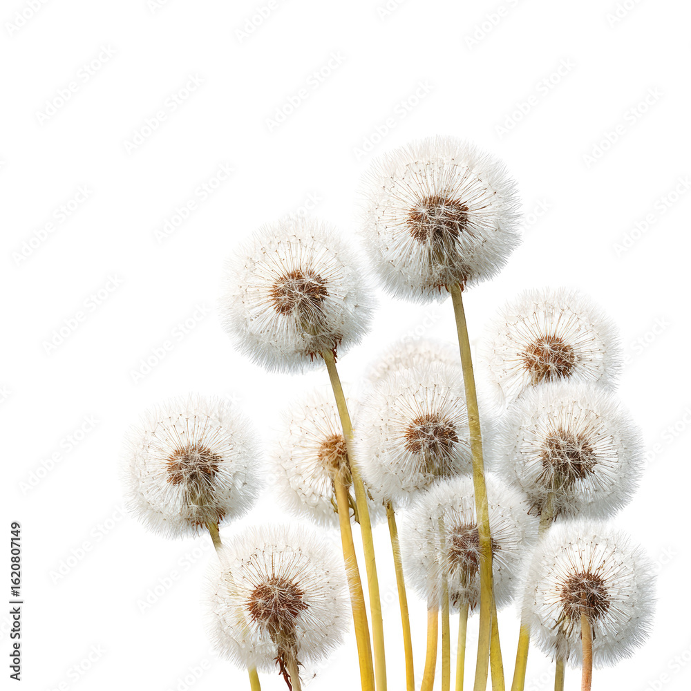 Obraz premium Fluffy dandelion clusters against black