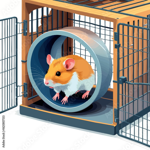 Isometric vector hamster running in wheel inside open cage, vector-friendly, isolated on white
