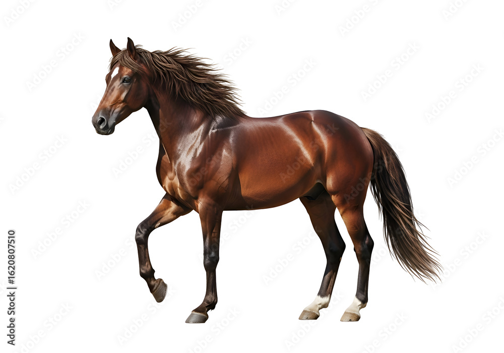 Naklejka premium A magnificent brown horse in a dynamic pose against a black background.