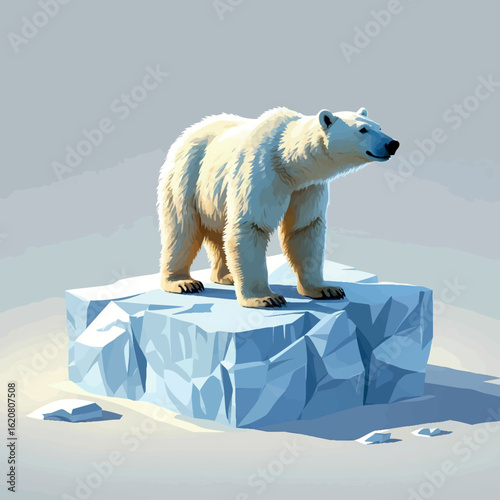 Isometric vector polar bear standing on ice block, soft shadows, vector-friendly, isolated on white