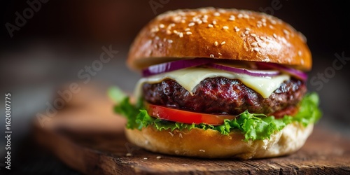 Close-Up Homemade Beef Burger on Wooden Table – Rustic Food Photography