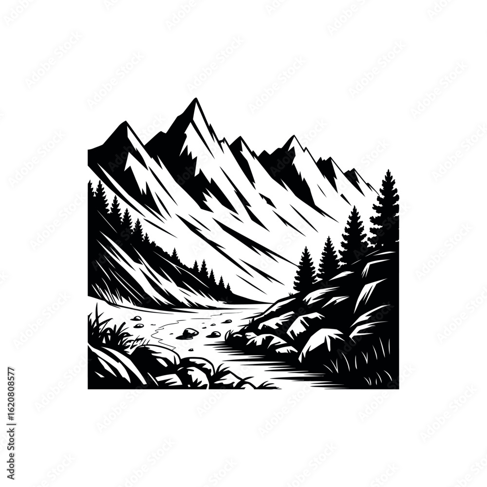 Obraz premium Black and white graphic illustration of a mountain range with a river and trees nature landscape