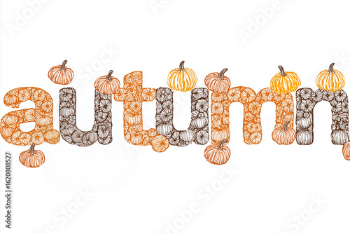 Illustrated fall lettering with pumpkins. Autumn background with the inscription “fall”. Change of season, beginning of fall, fall sales.