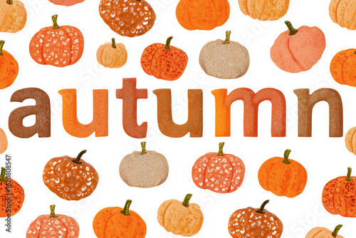 Illustrated fall lettering with pumpkins. Autumn background with the inscription “fall”. Change of season, beginning of fall, fall sales.