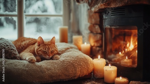 Cozy cat by fireplace in winter (1)