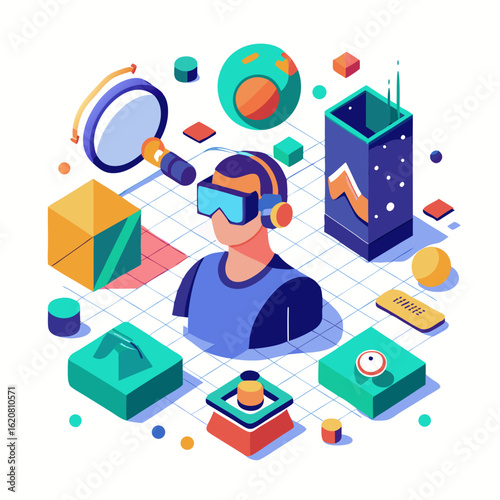 Immersive virtual reality experience with futuristic digital elements and abstract geometric shapes