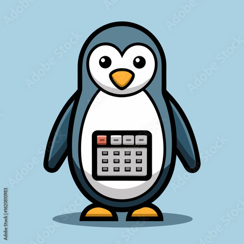Cute cartoon penguin character with a calculator displayed on its belly